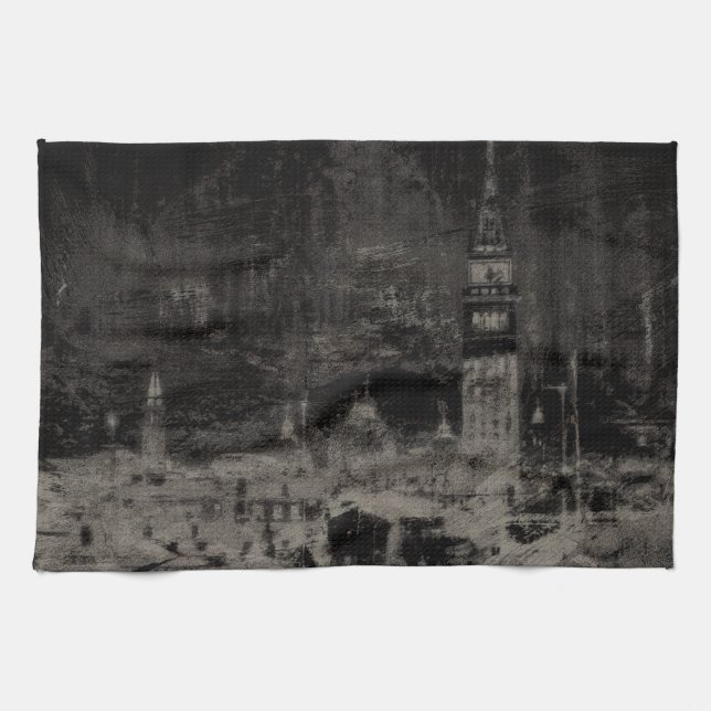 Black and Taupe Distressed Skyline Venice Italy Kitchen Towel (Horizontal)