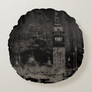 Black and Taupe Distressed Skyline Venice Italy Round Pillow