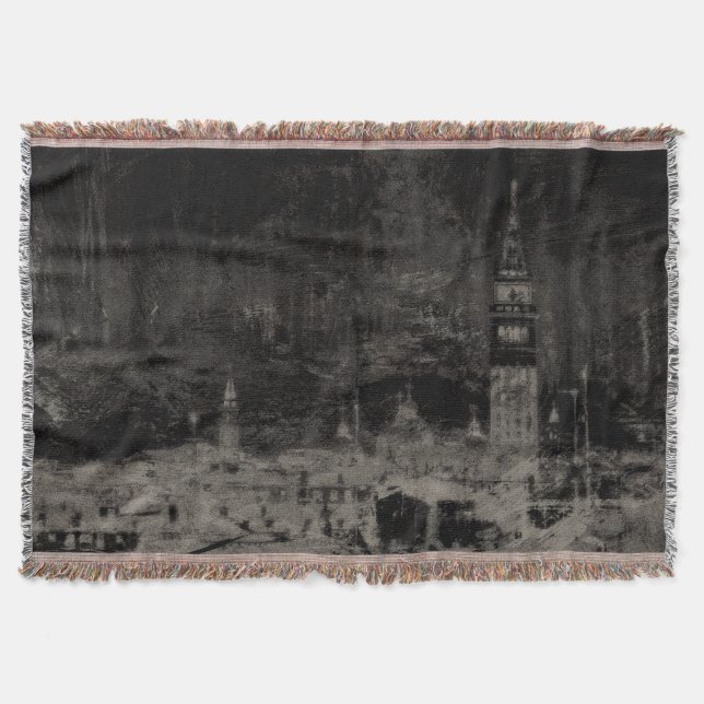 Black and Taupe Distressed Skyline Venice Italy Throw Blanket (Front)