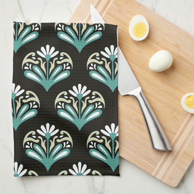 Black and Teal Art Deco Kitchen Towel (Quarter Fold)