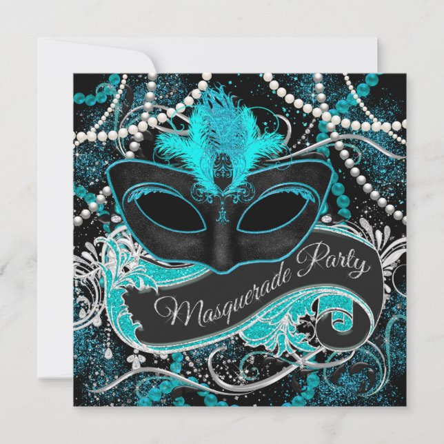 Black and Teal Blue Masquerade Party Invitation (Front)