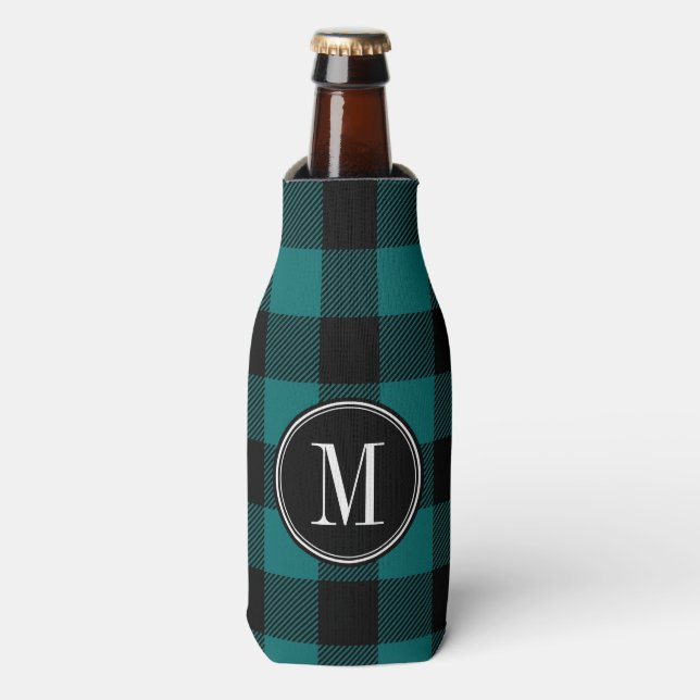 Black and Teal Buffalo Check Monogram Bottle Cooler (Bottle Front)