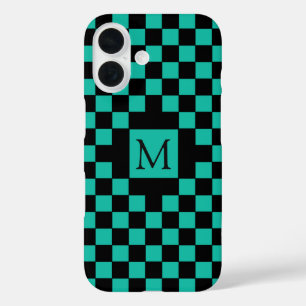 Black and Teal Chequerboard Pattern Monogram iPhone 16 Case
