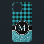Black and Teal Glitter Buffalo Plaid Monogram iPhone 12 Case<br><div class="desc">Black, white and turquoise teal customizable monogrammed design. At the top is a customizable black lumberjack gingham or buffalo plaid style pattern. At the bottom there is a light teal glitter photo. The design is a photo, thus faux glitter texture. Create your own personalized monogram case. Try a different font...</div>