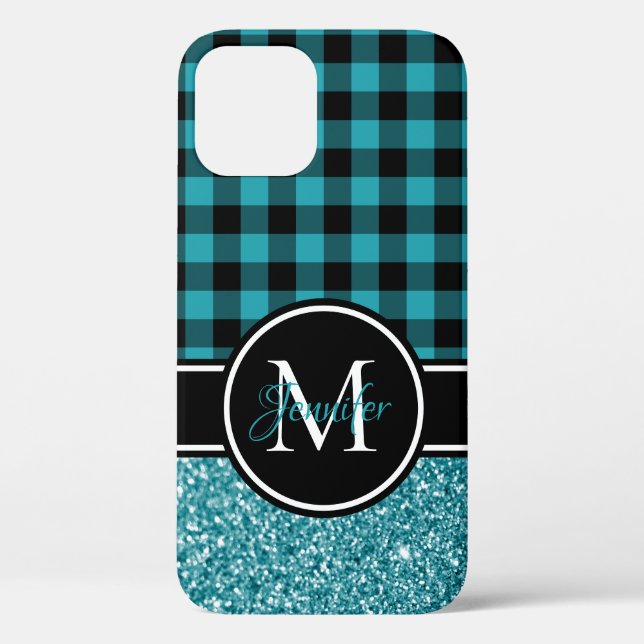 Black and Teal Glitter Buffalo Plaid Monogram Case-Mate iPhone Case (Back)