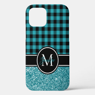 Black and Teal Glitter Buffalo Plaid Monogram iPhone 12 Case