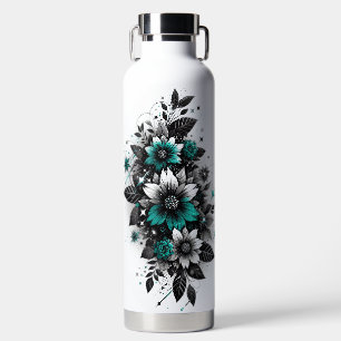 Black and Teal Glittery floral Water Bottle