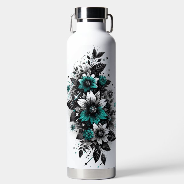 Black and Teal Glittery floral Water Bottle (Front)