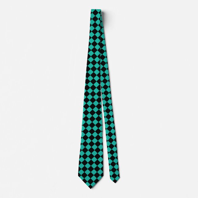 Black and Teal Harlequin Diamond Checked Pattern Tie (Front)