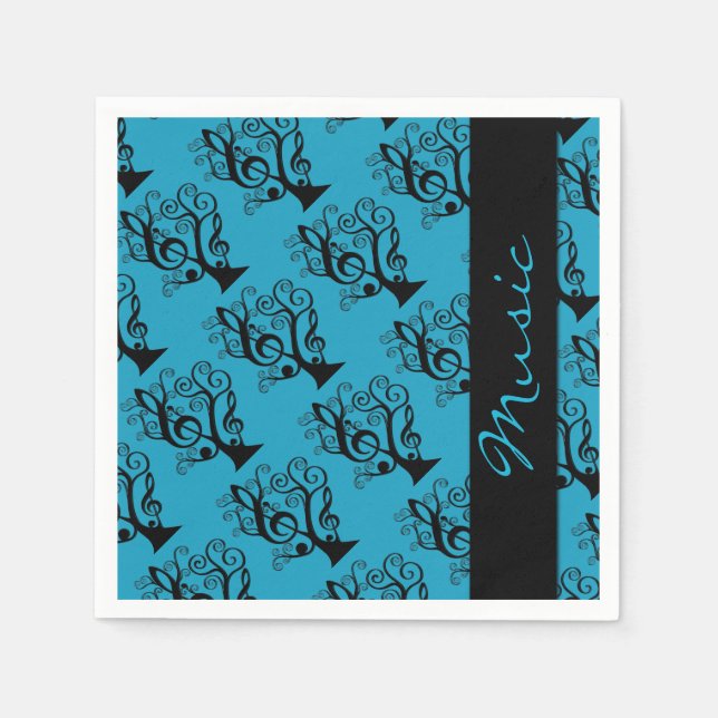 Black and Teal Music Treble Clef Tree Napkins (Front)