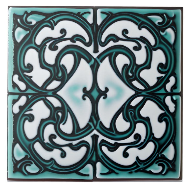 Black and Teal on White Tuscan Style Tile (Front)