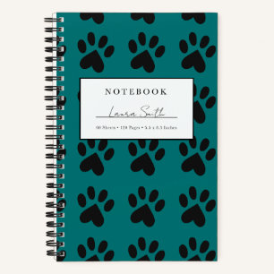 Black And Teal Paw Print Personalized Notebook