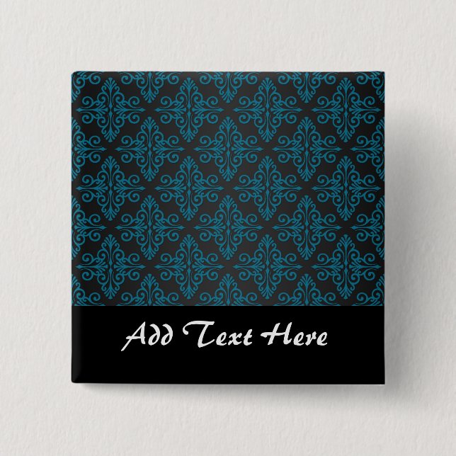 Black and Turquoise Blue Damask Pattern 2 Inch Square Button (Front)