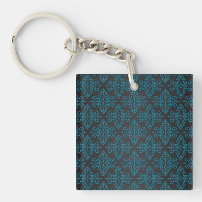 Black and Turquoise Blue Damask Pattern Keychain (Front)