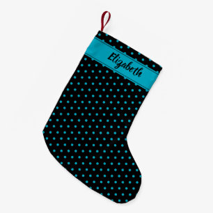 Black and Turquoise Blue Polka Dots Personalized Small Christmas Stocking