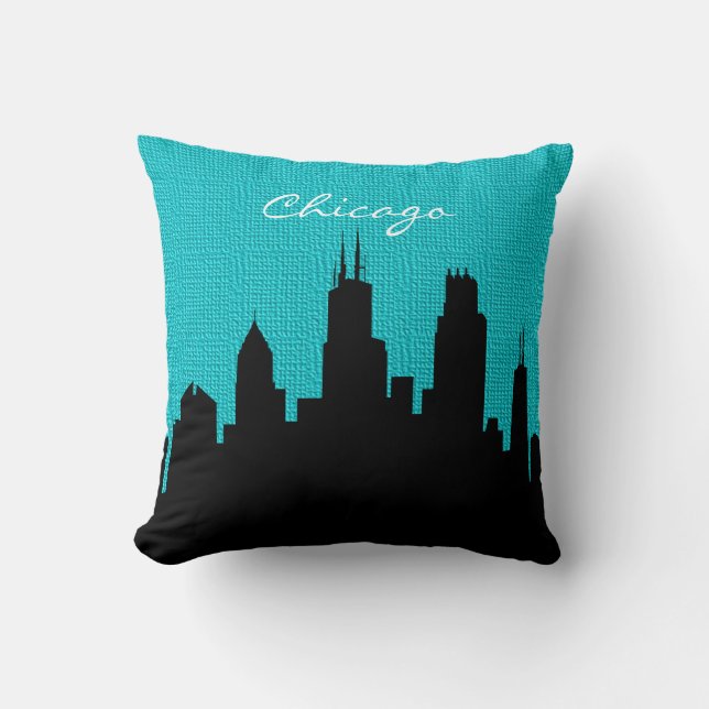 Black and Turquoise Burlap Chicago Skyline Print Throw Pillow (Front)