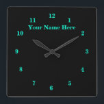 Black and Turquoise Clock - Custom Text and Colour<br><div class="desc">Personalized Beautiful Colours Clocks - Choose / add your favourite background and number colours / font / size !  Resize and move or remove and add text / elements with customization tool. Design by MIGNED. Please see my other projects / designs and paintings. 
Good Luck - Be Happy :)</div>