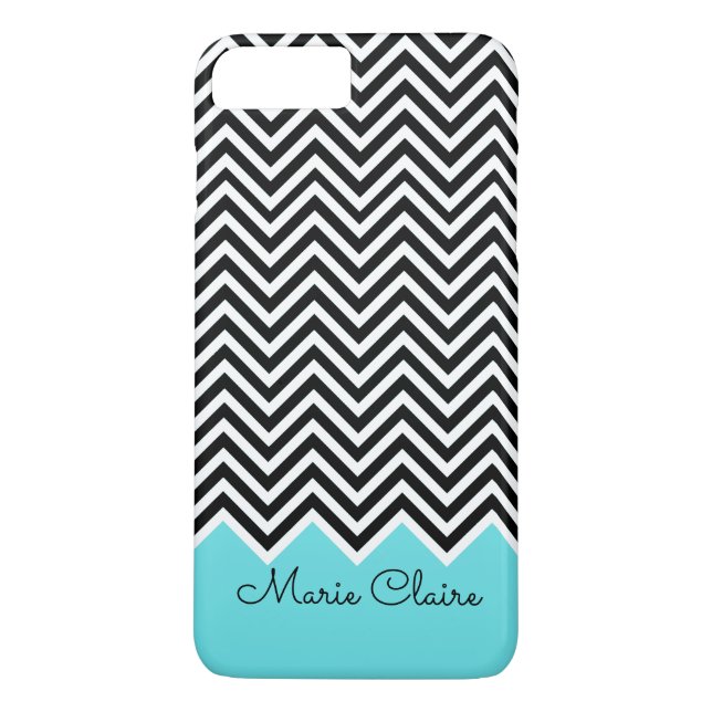 Black and Turquoise Modern Chevron Custom Monogram Case-Mate iPhone Case (Back)