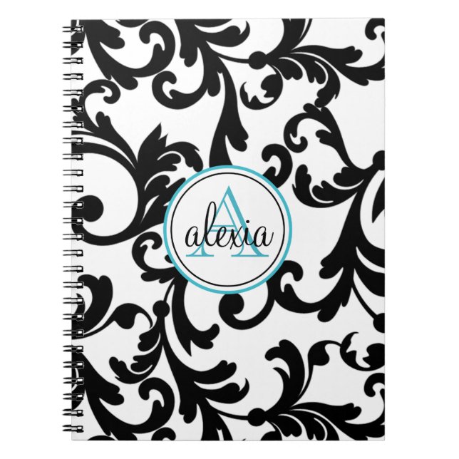 Black and Turquoise Monogrammed Damask Print Notebook (Front)