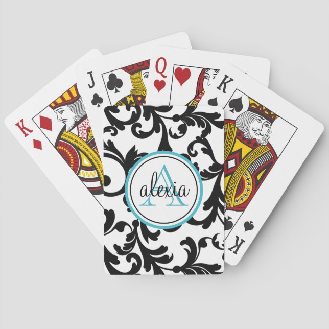 Black and Turquoise Monogrammed Damask Print Playing Cards (Back)
