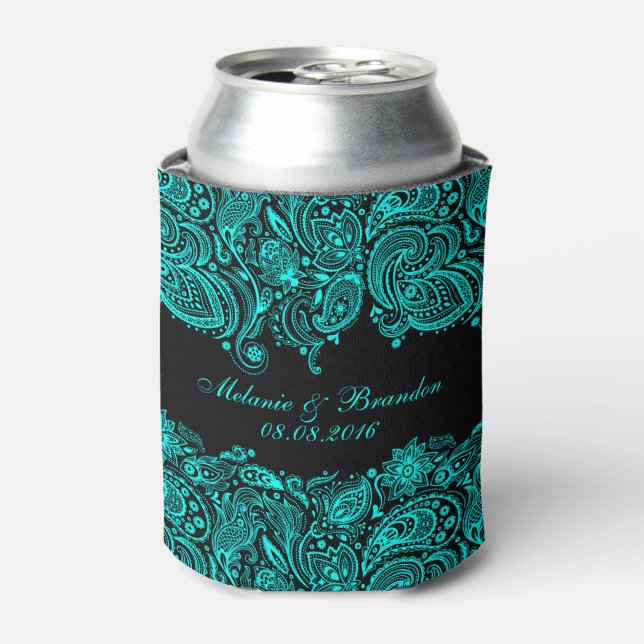 Black And Turquoise Paisley Lace Can Cooler (Can Front)