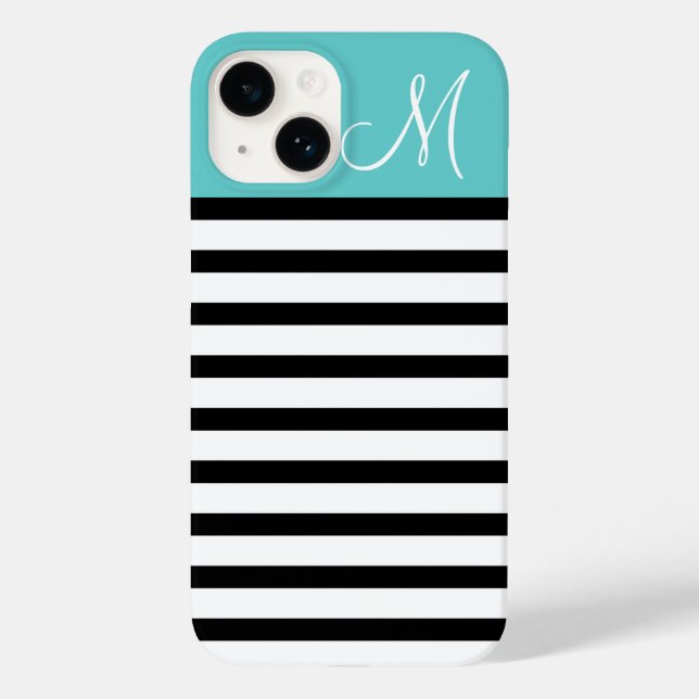 Black and Turquoise Preppy Stripes Custom Monogram Case-Mate iPhone Case (Back)