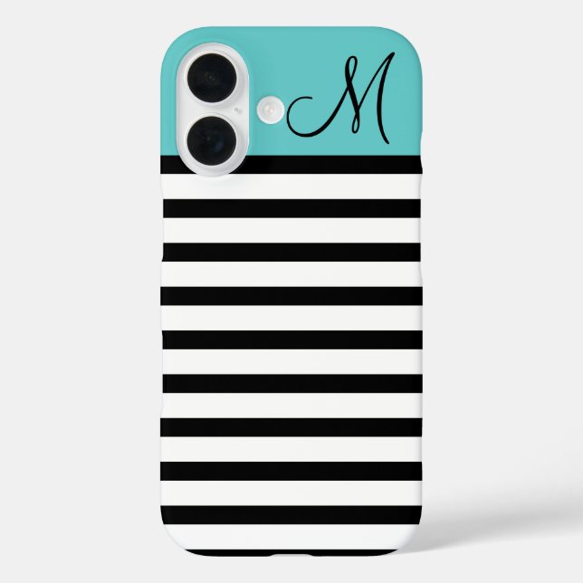 Black and Turquoise Preppy Stripes Custom Monogram Case-Mate iPhone Case (Back)