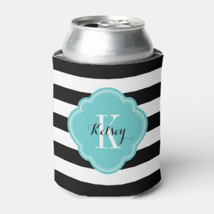 Black and Turquoise Preppy Stripes Monogram Can Cooler