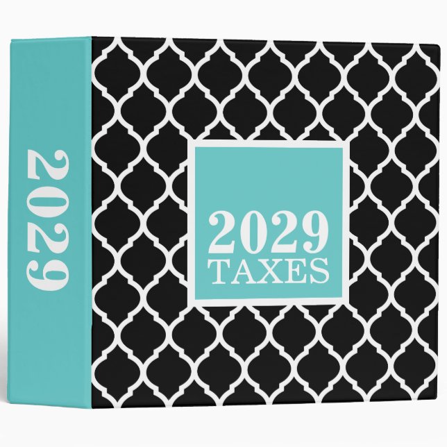 Black and Turquoise Quatrefoil Cute Tax Binder (Front/Spine)