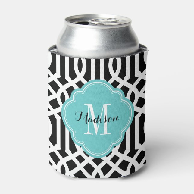 Black and Turquoise Trellis Monogram Can Cooler (Can Front)