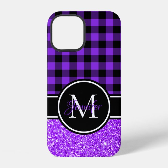 Black and Violet Glitter Buffalo Plaid Monogram iPhone Case (Back)
