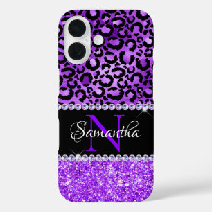 Black and Violet Leopard Spots Glam Monogram iPhone 16 Case