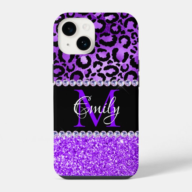 Black and Violet Leopard Spots Glam Monogram iPhone Case (Back)
