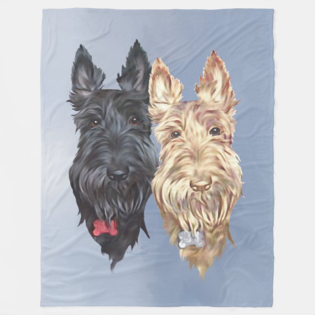 Black and Wheaten Scotties on Tartan Fleece Blanket (Front)