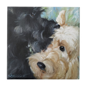 Black and wheaten Scottish terrier scottie art Tile