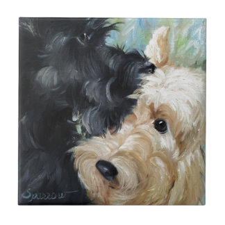 Black and wheaten Scottish terrier scottie art Tile