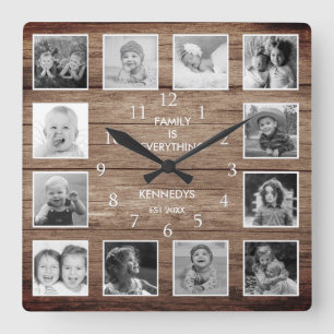 Black And White 12 Photo Collage Family Quote Wood Square Wall Clock