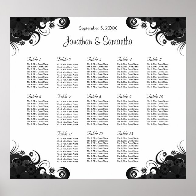 Black and White 13 Wedding Tables Seating Charts (Front)