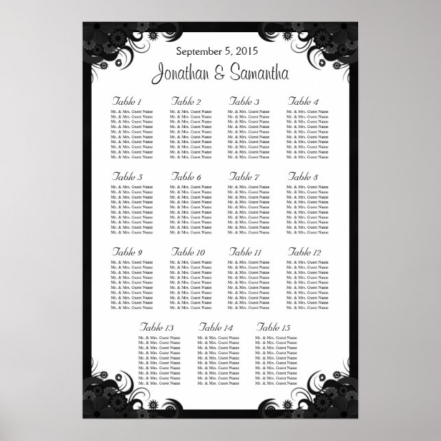 Black and White 15 Wedding Tables Seating Charts (Front)