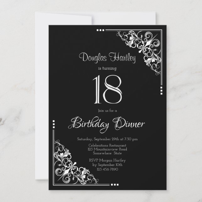 Black and White 18th Birthday Dinner Invitation (Front)