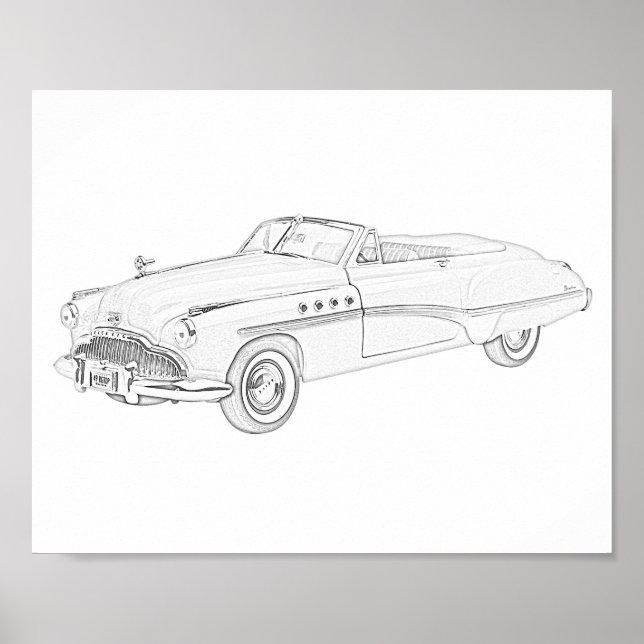 Black and White 1949 Buick Roadmaster Drawing Poster (Front)