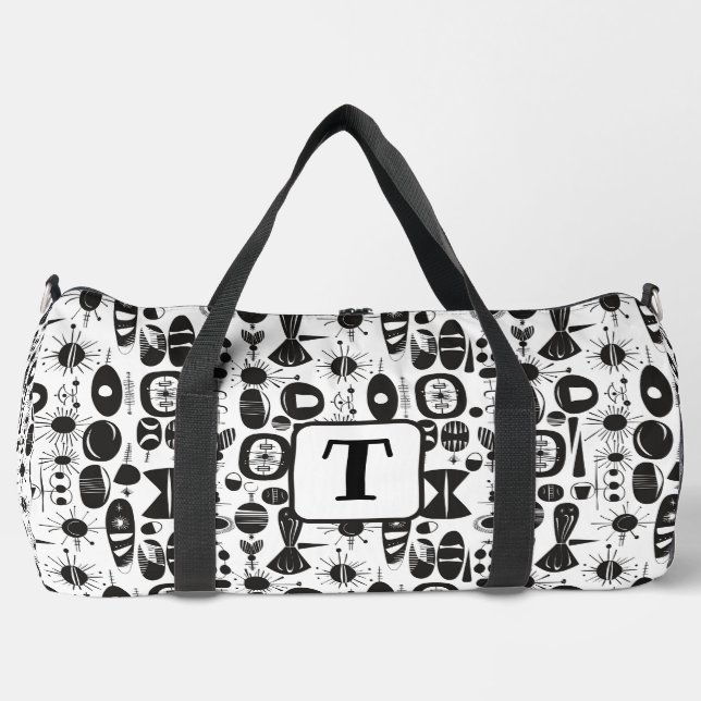 Black and white 1950s atomic era shapes pattern 2 duffle bag (Front)