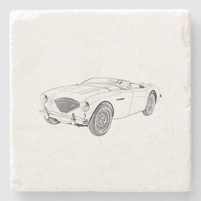 Black And White 1953 Austin-Healey 100 Drawing Stone Coaster (Front)