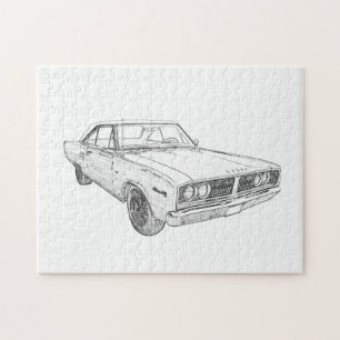 Black and White 1966 Dodge Coronet Illustration Jigsaw Puzzle