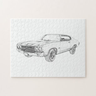 Black and White 1970 Chevrolet Chevelle Drawing Jigsaw Puzzle