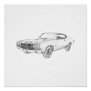Black and White 1970 chevy chevelle Pencil Drawing Poster