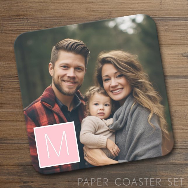 Black and White 1 Photo Collage Custom Monogram Square Paper Coaster (Custom Coaster)