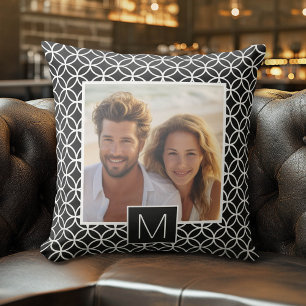 Black and White 1 Photo Collage Custom Monogram Throw Pillow
