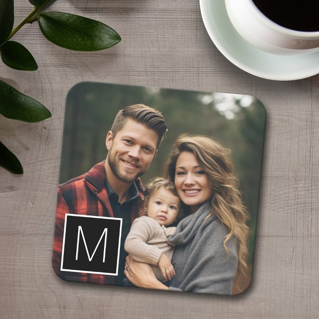 Black and White 1 Photo Collage Single Monogram Square Paper Coaster (Personalized coaster with photo and monogram)