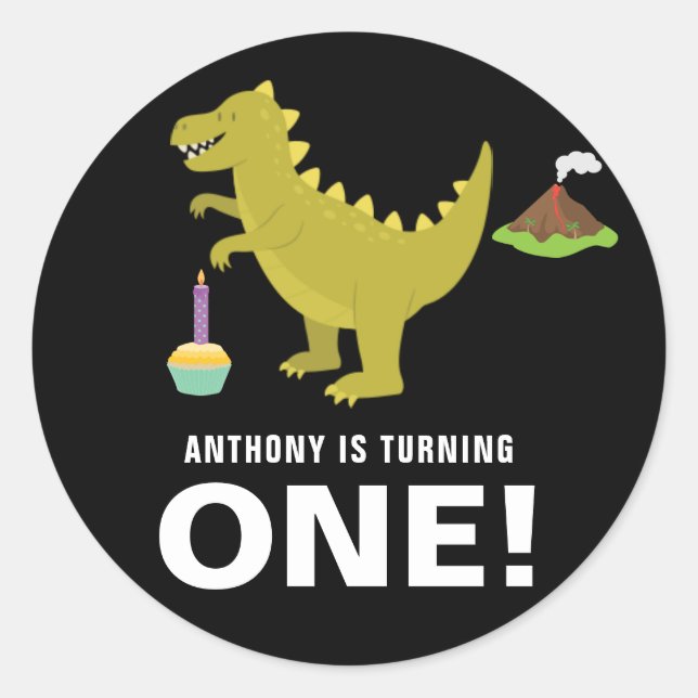 Black and white 1st Birthday Dinosaur themed Party Classic Round Sticker (Front)